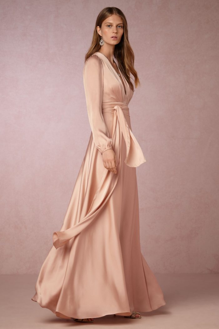 Satiny blush long sleeve gown