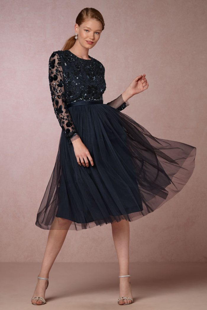 Midnight navy blue tulle and sequin cocktail dress with long sleeves