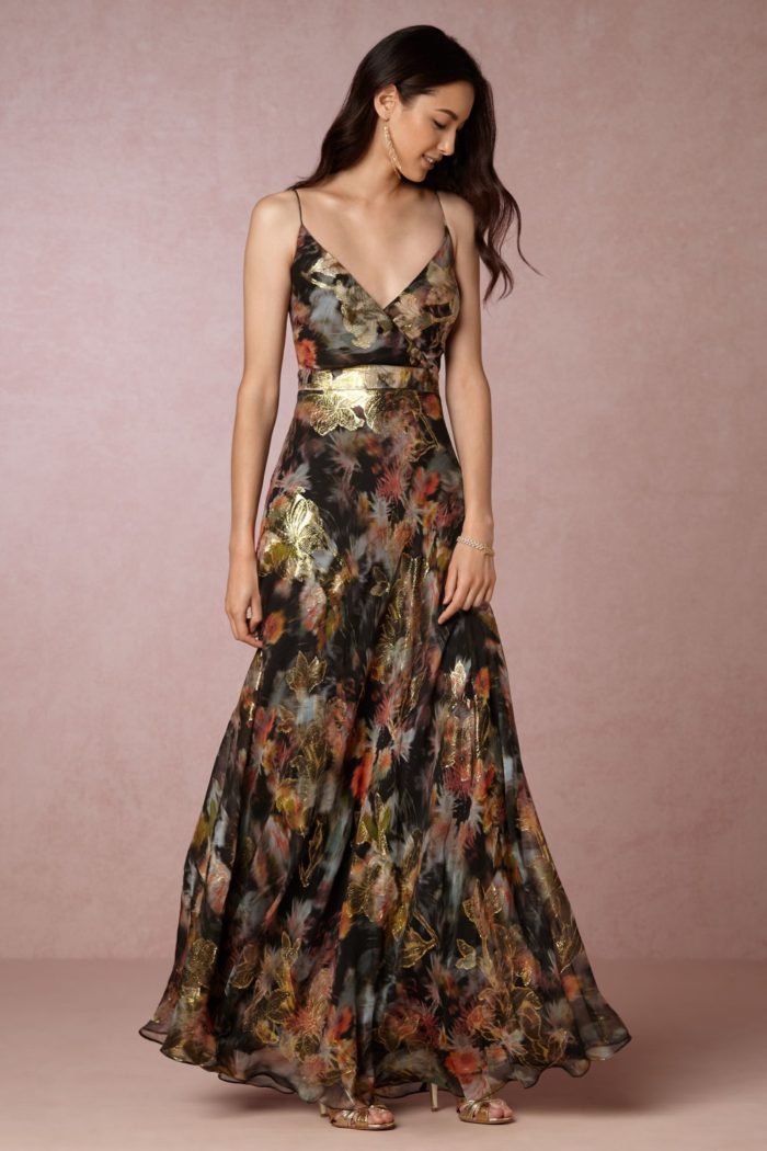 Metallic floral maxi dress for fall wedding guest attire