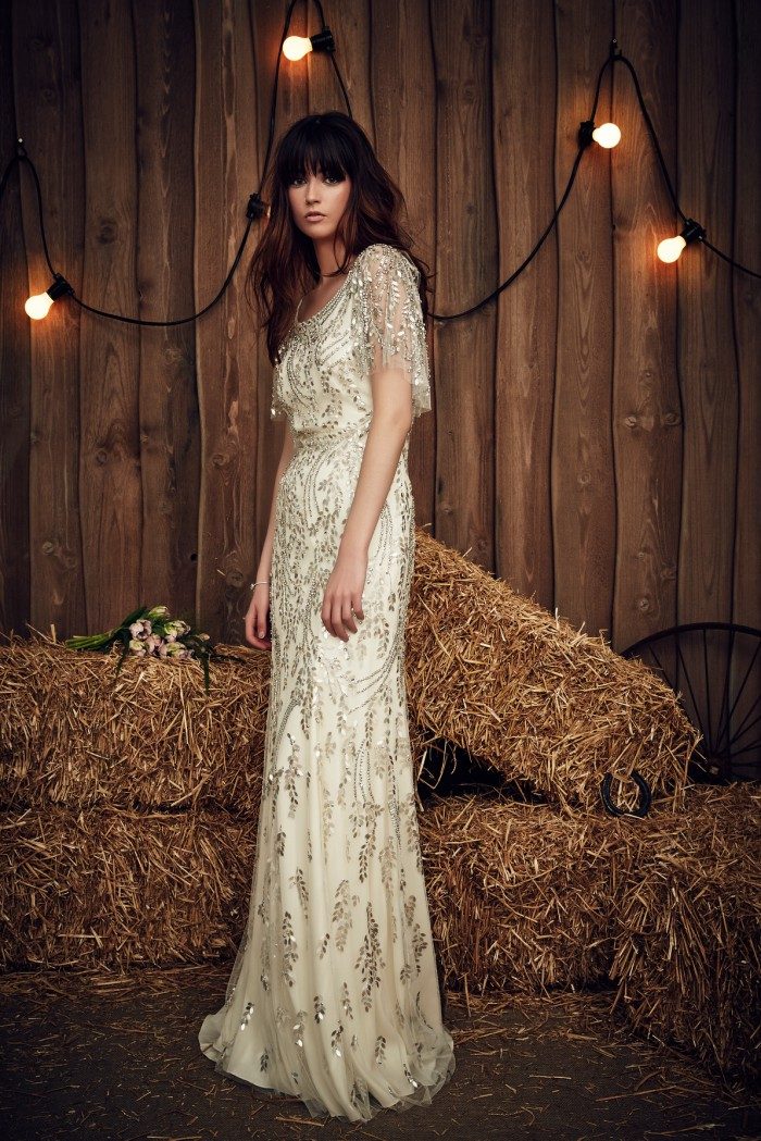 All over beaded wedding dress with draped sleeve. Hilda by Jenny Packham