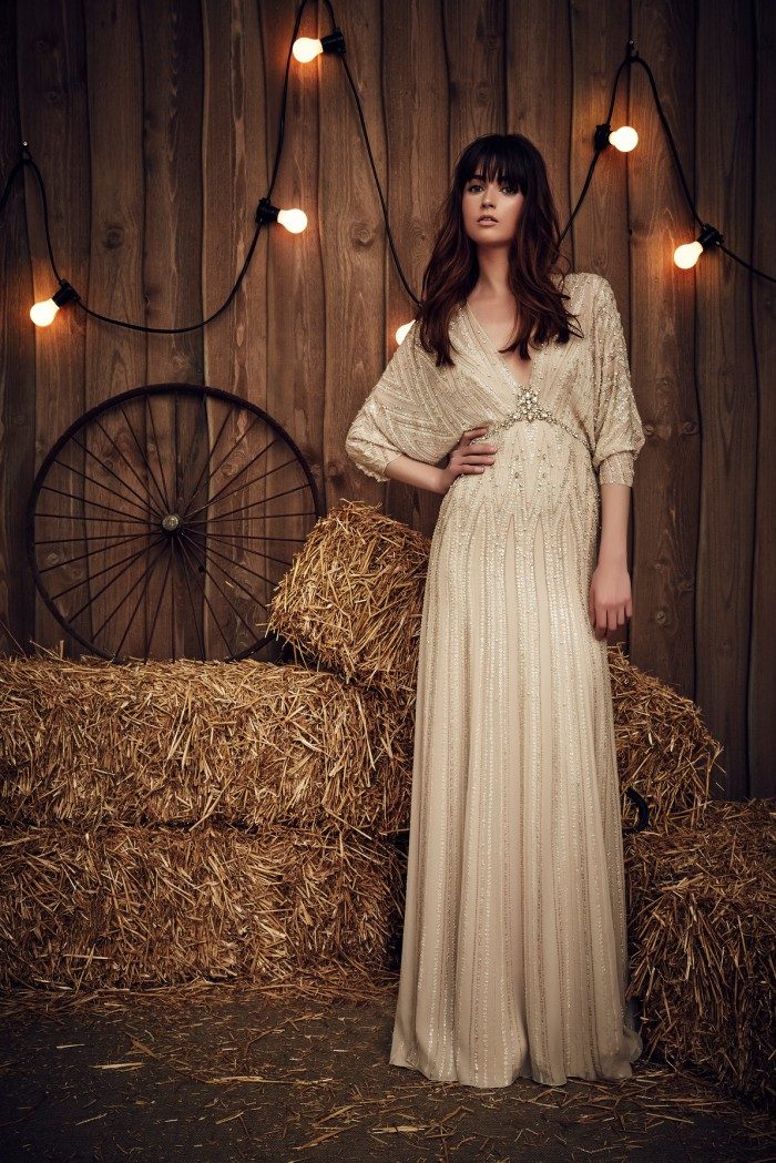 Long dolman sleeve wedding dress in gold