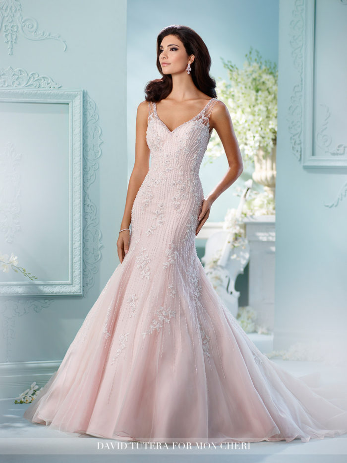 Blush pink strapless wedding dress by David Tutera Wedding Dresses 2017