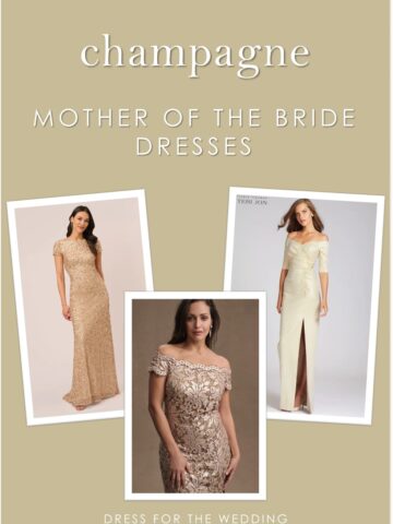 Graphic for article on the best champagne colored dresses for mothers of the wedding. Shows 3 dresses on models with text.