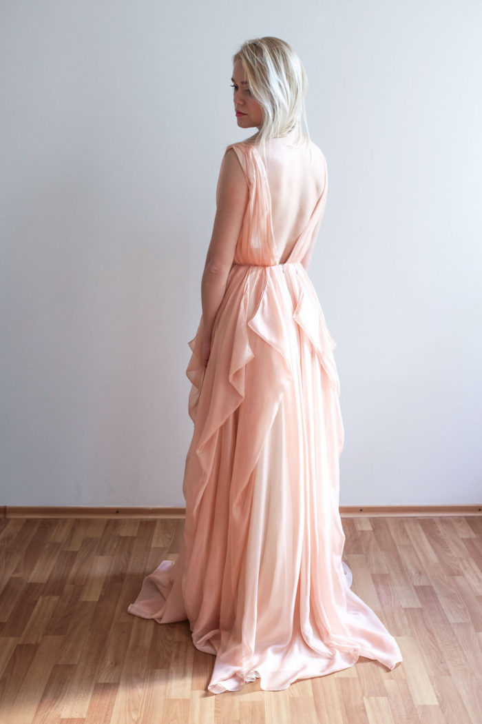 Draped wedding dress in blush pink