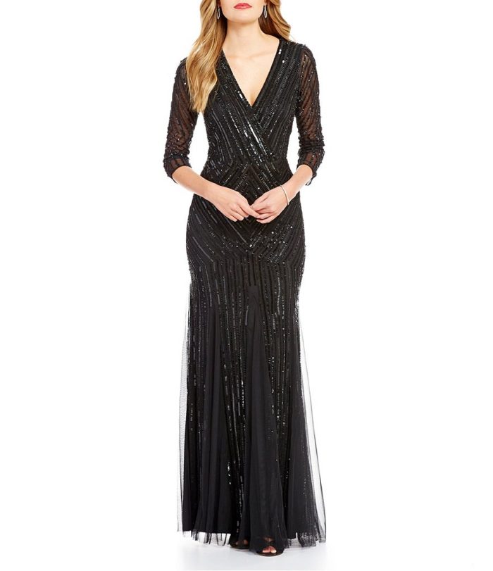 Black Beaded Long Sleeve Gown