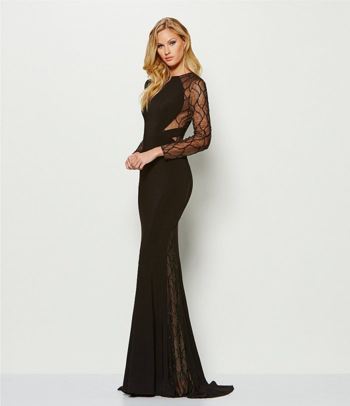 Black Beaded Evening Gown With Sheer Sleeves