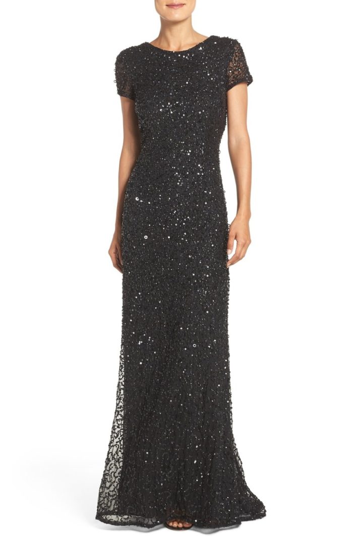 All Over Black Sequin Gown with Short Sleeves