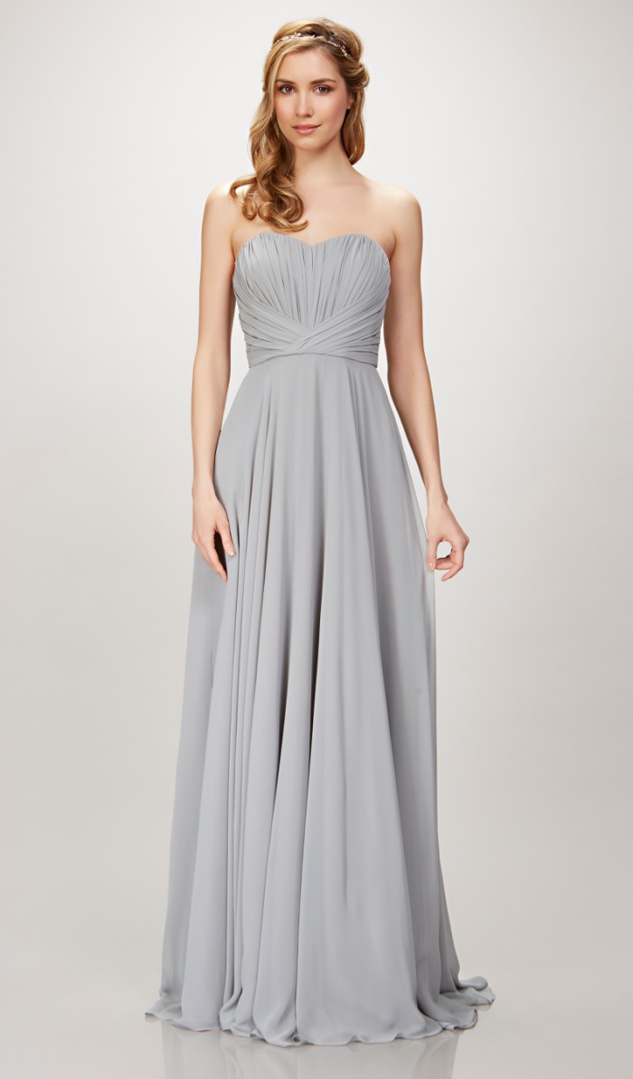 Strapless gray bridesmaid dress