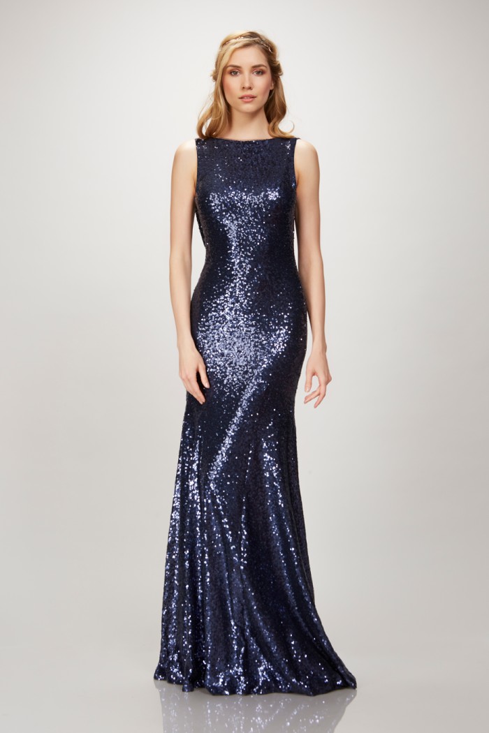 Navy Blue Sequin Gown with Cowl Back