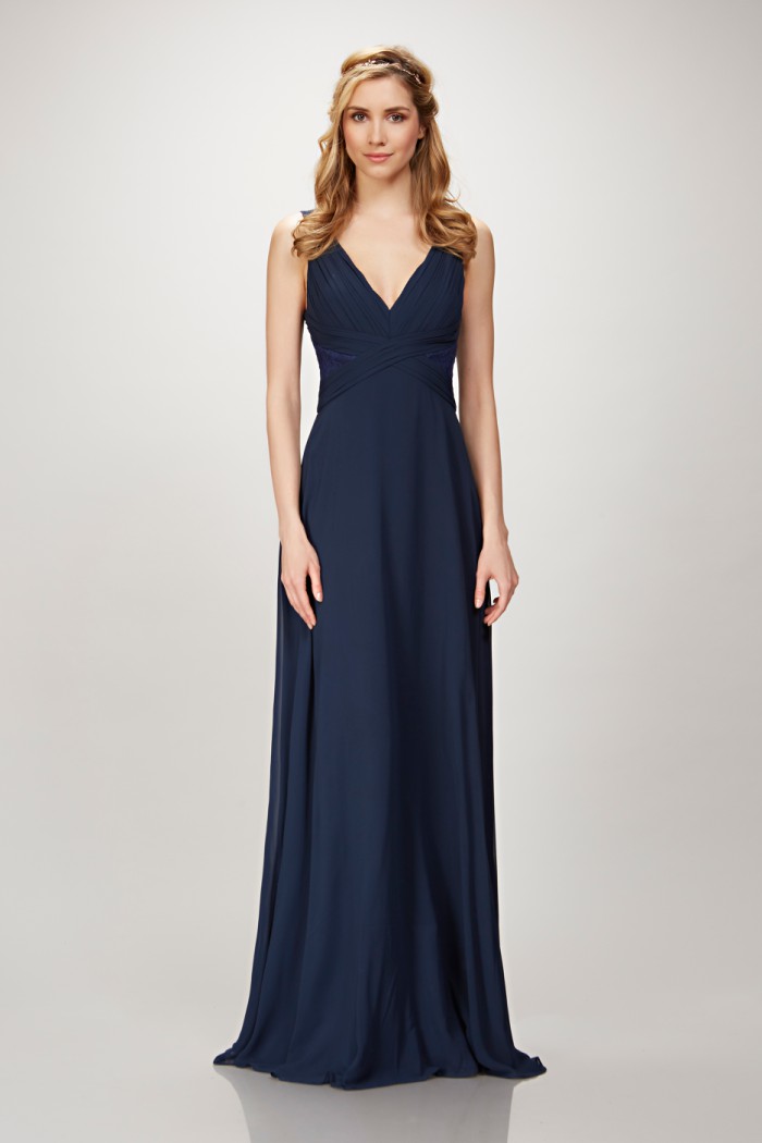 Navy blue V-neck lace insert bridesmaid Dress