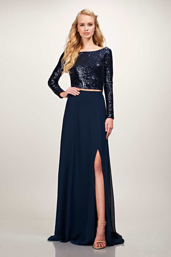 Navy blue crop top in sequins with skirt for bridesmaids