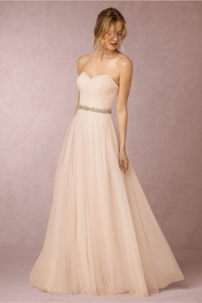 Blush pink tulle strapless wedding dress