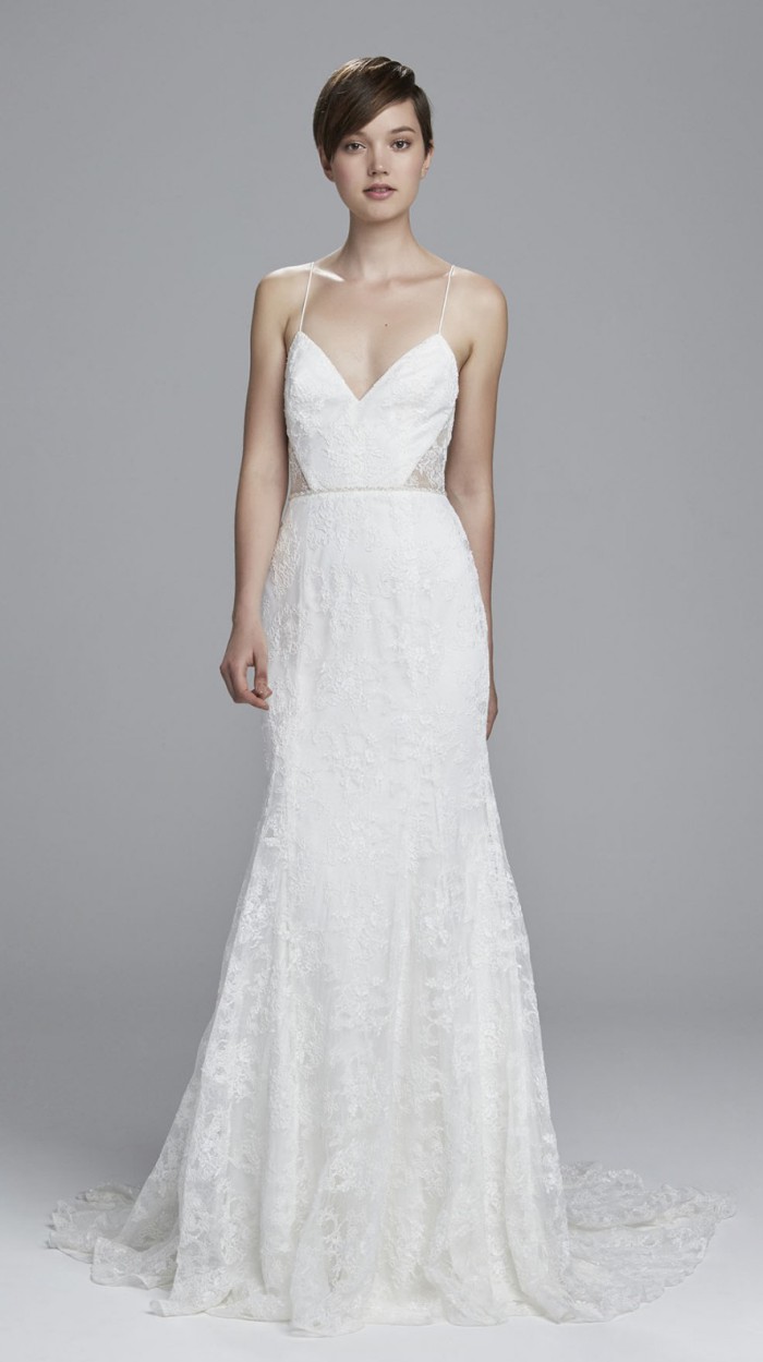 Lace Fit and Flare Wedding Dress with Thin Straps and Sheer Lace Sides | Mindy by Christos Bridal