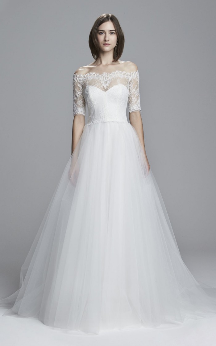 Tulle Off the Shoulder Wedding Dress | Wedding Dress with Lace Sleeves and Ball Gown Skirt. Brinna by Christos