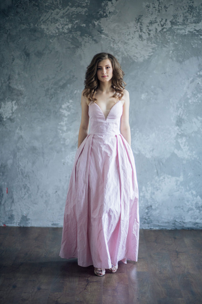 Pink silk bridal gown and pink wedding dress