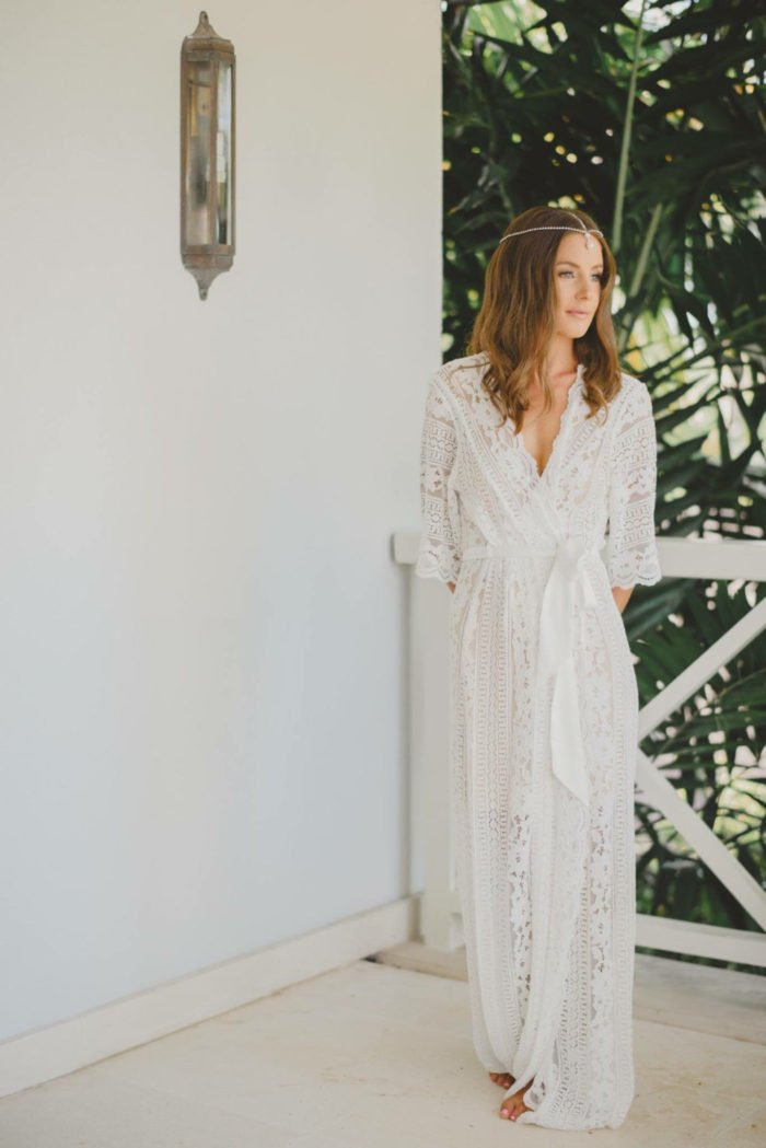 Full length white lace bridal wedding robe