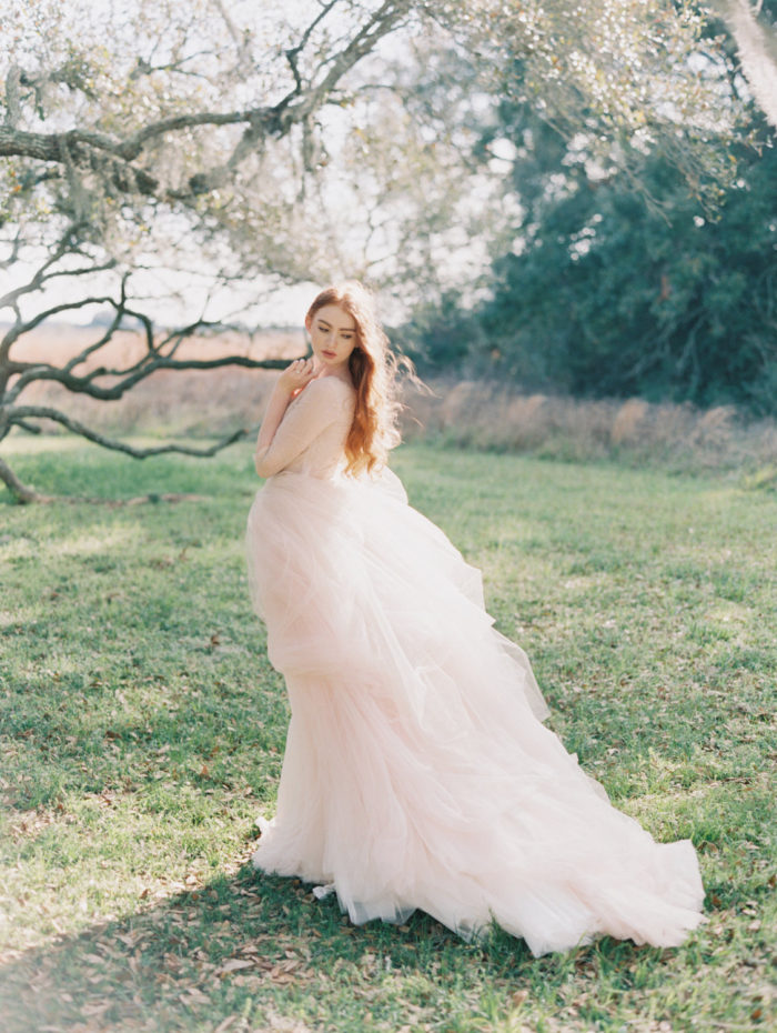 Nude blush wedding dress with long sleeves