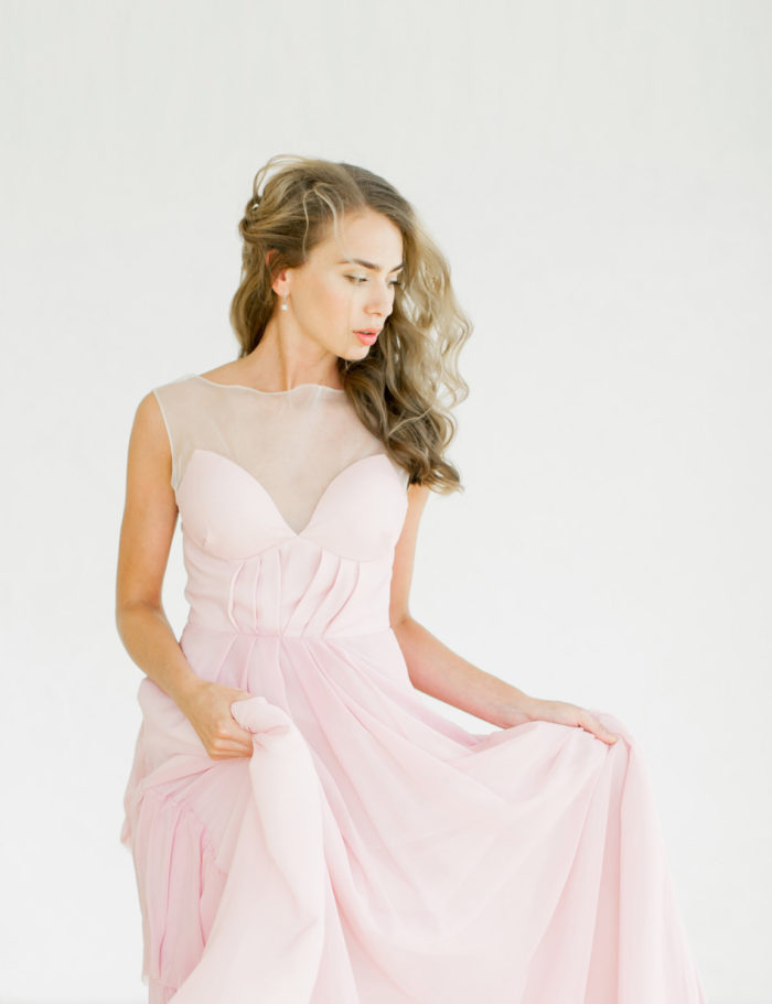 Pink wedding gown with illusion neckline