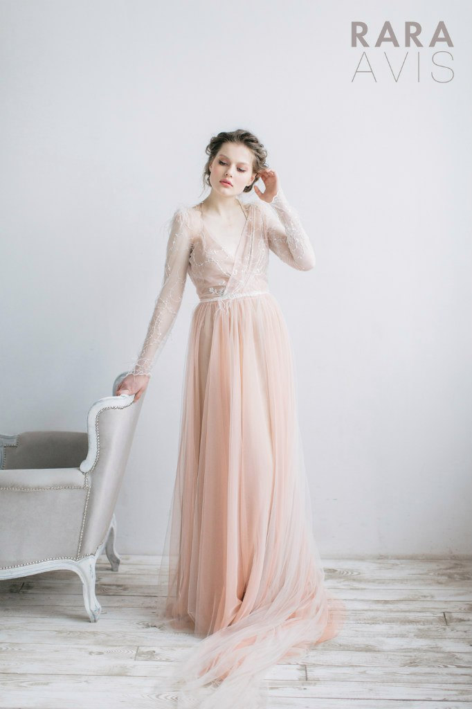 Long sleeve blush pink wedding dress with beading. | Rara Avis Wedding Dress
