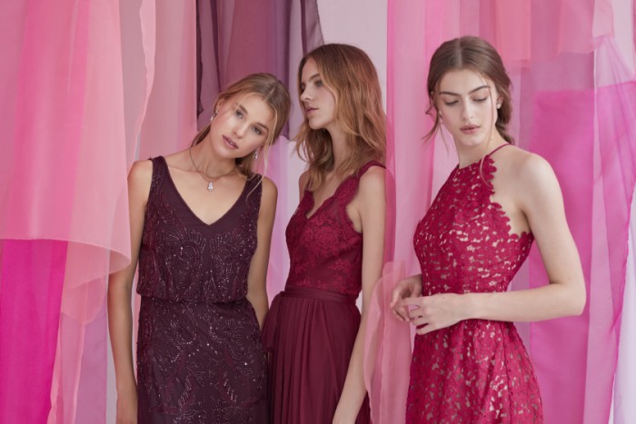 Purple, red, and raspberry mix and match dresses for bridesmaids | New BHLDN Bridesmaid Dresses