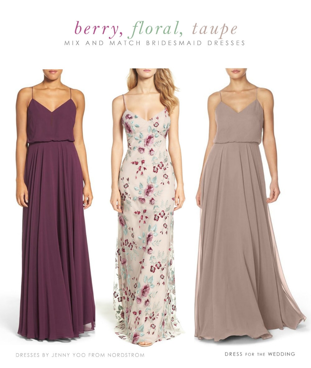 Berry, Floral Print and Neutral Mix and Match Bridesmaid Dresses