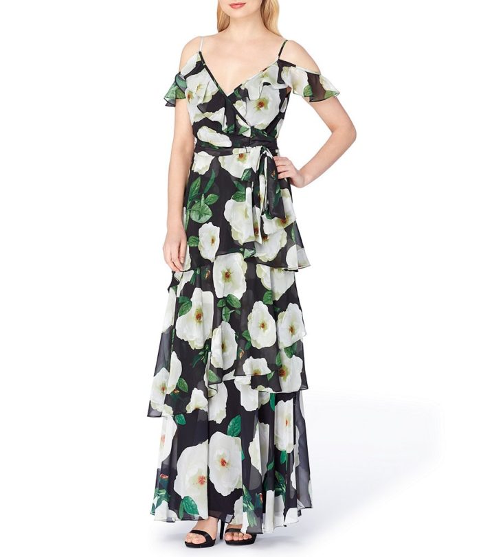 Cold shoulder black and ivory floral maxi dress 