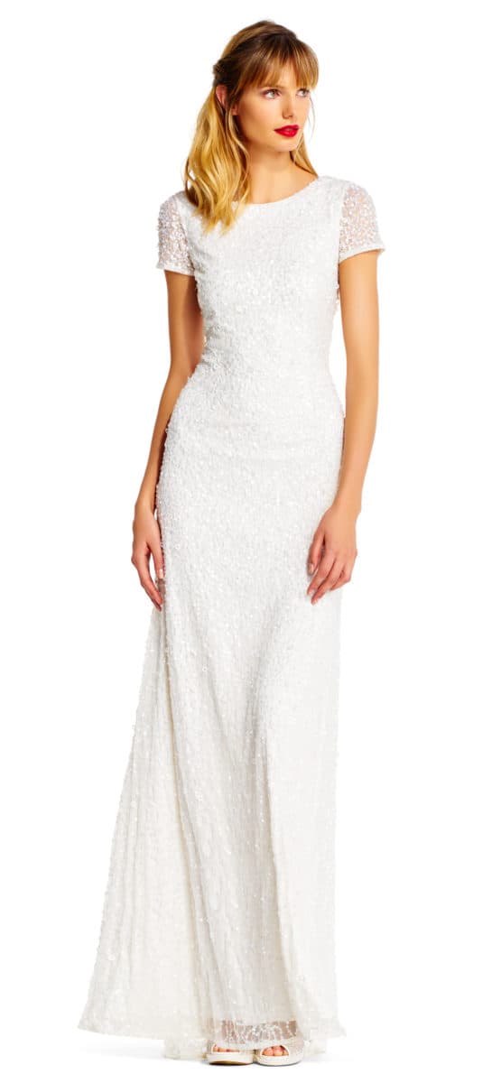 Short Sleeve White Sequin Gown for Weddings or Vow Renewals