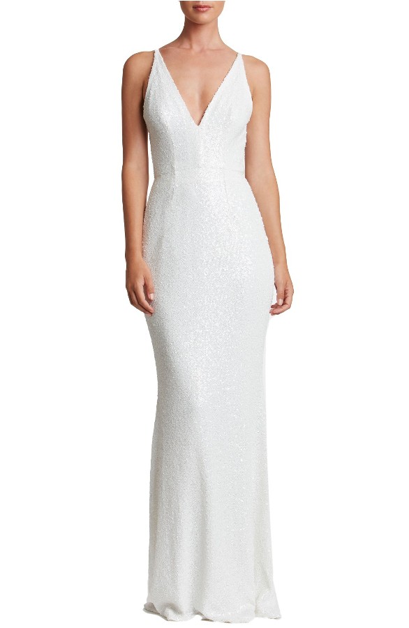 Long White Sequin Gown with Spaghetti Straps | Harper Gown by Dress the Population