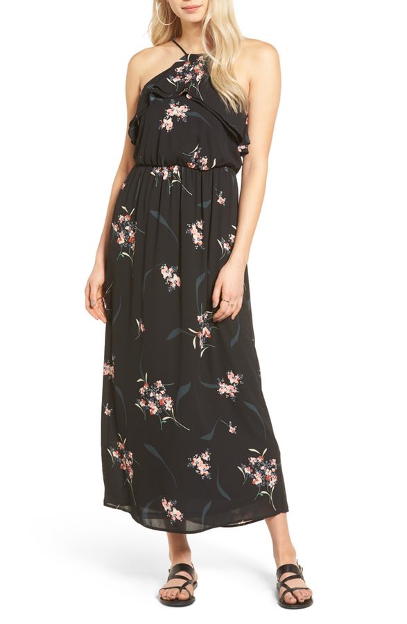 Ruffle top black floral maxi dress