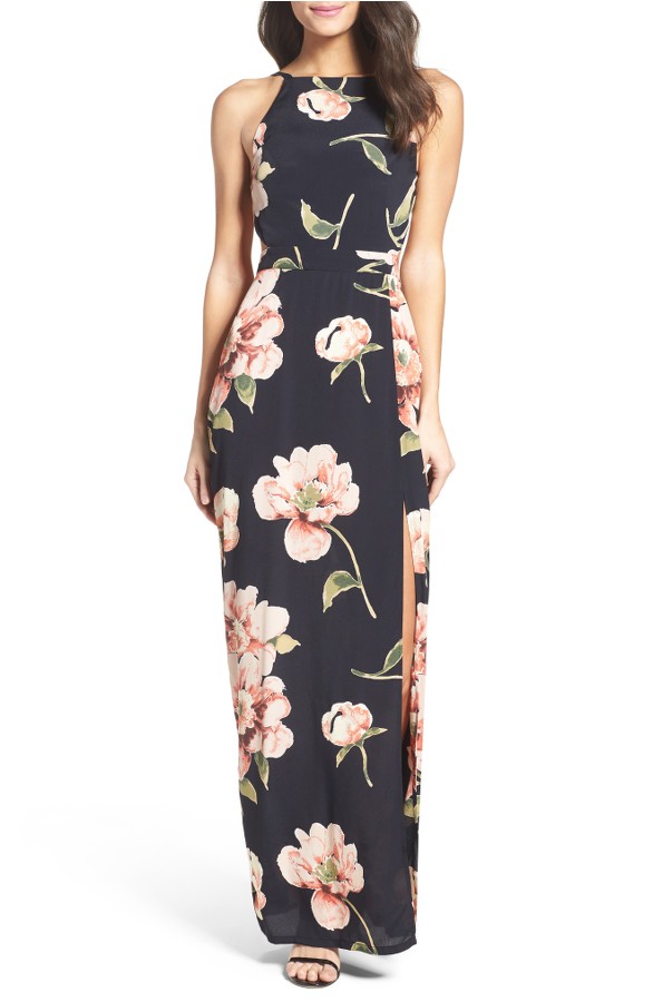 High neck black floral long dress