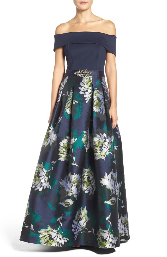 Off-the-Shoulder Navy Blue Evening Gown with Floral Print