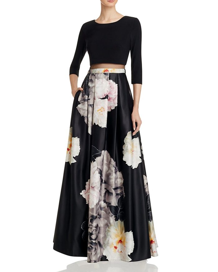 Dark Floral Ball Gown with Long Sleeves