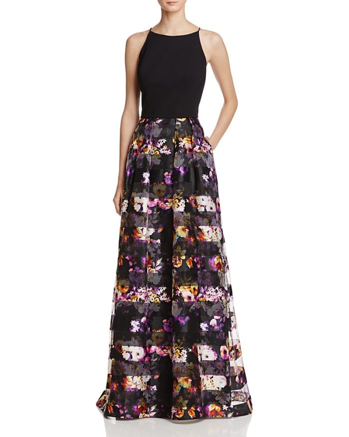 Two piece formal black gown with floral stripes