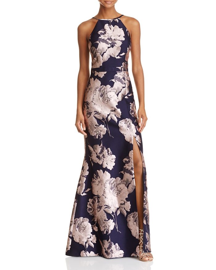 Formal Navy Blue Jacquard Floral Gown