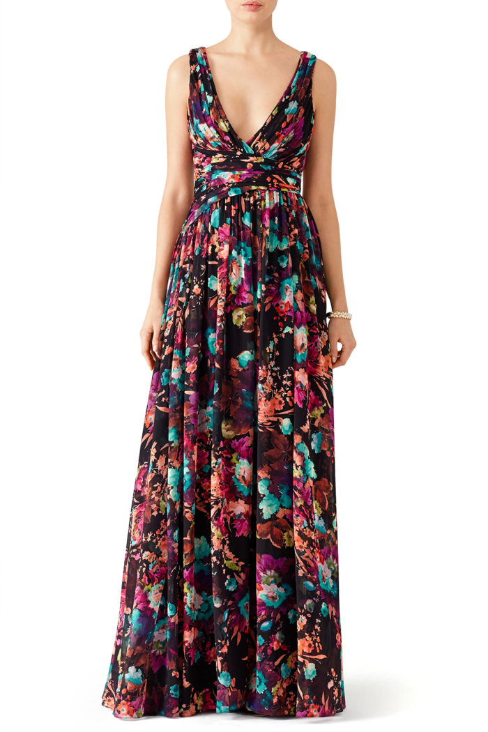 Dark floral print v-neck designer gown