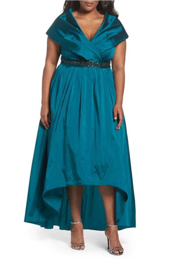 Emerald Green Shawl Collar MOB Gown with Hi Low Hemline