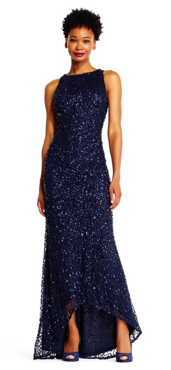 Navy Sequin Gown for Mother of the Bride with High Low Hem