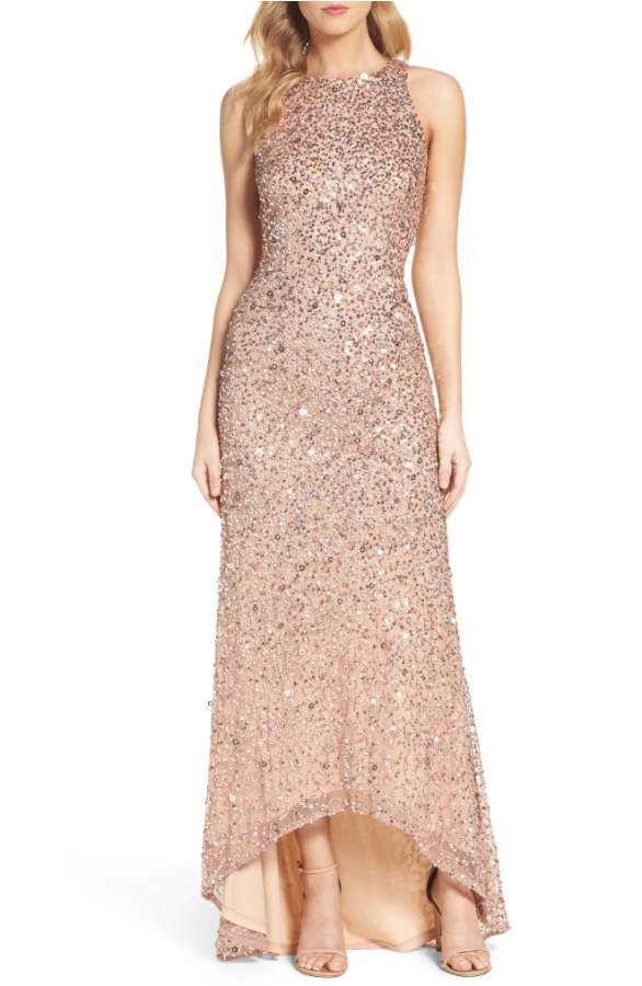 Rose Gold Sequin Gown with High Low Hemline