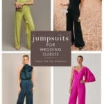 Collage of 4 images of models wearing jumpsuits: lime green, black strapless, teal satin and hot pink styles are shown.