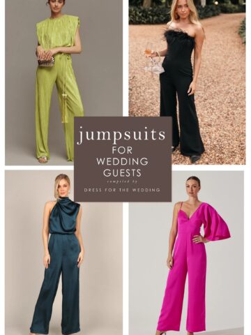 Collage of 4 images of models wearing jumpsuits: lime green, black strapless, teal satin and hot pink styles are shown.