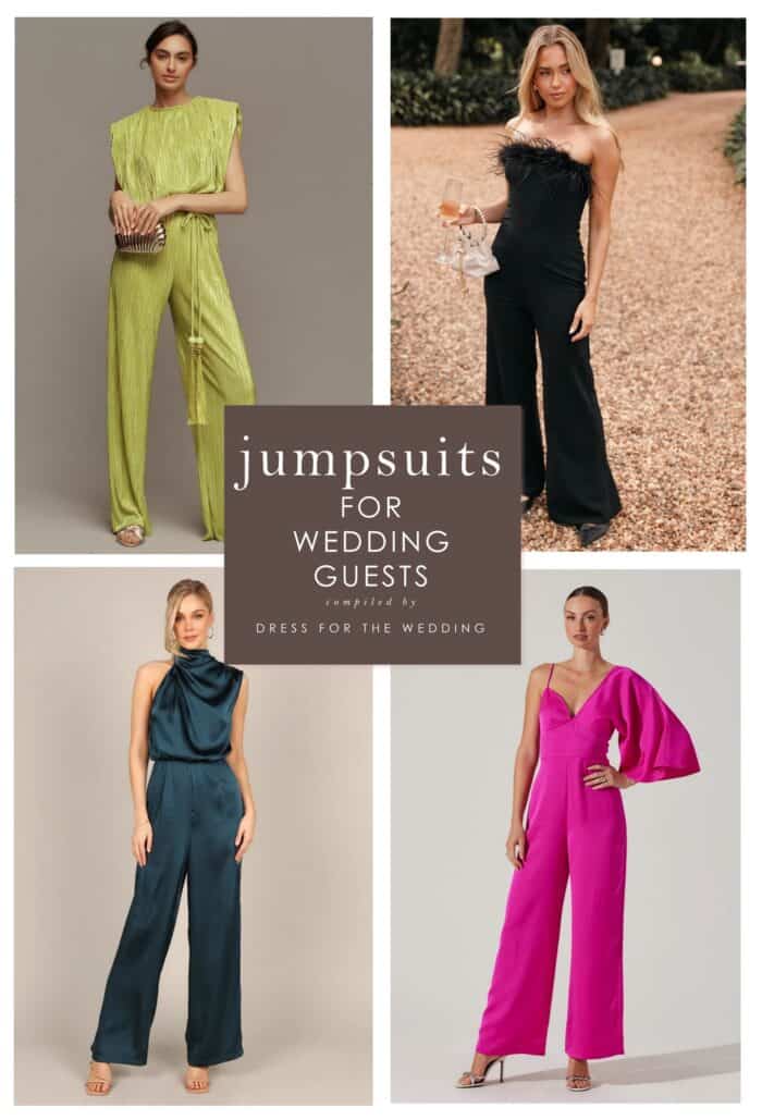 Collage of 4 images of models wearing jumpsuits: lime green, black strapless, teal satin and hot pink styles are shown.