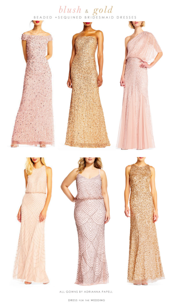 Sequin and Beaded Blush and Gold Mix and Match Bridesmaid Dresses