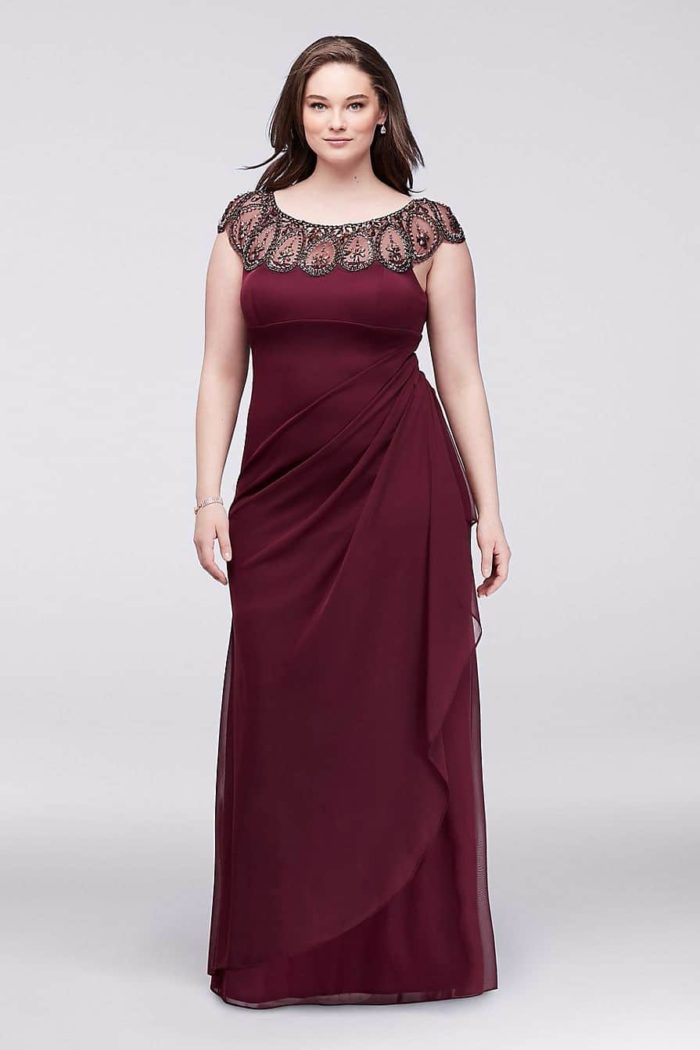 Burgundy Gown with Embellished Neckline - from David's Bridal