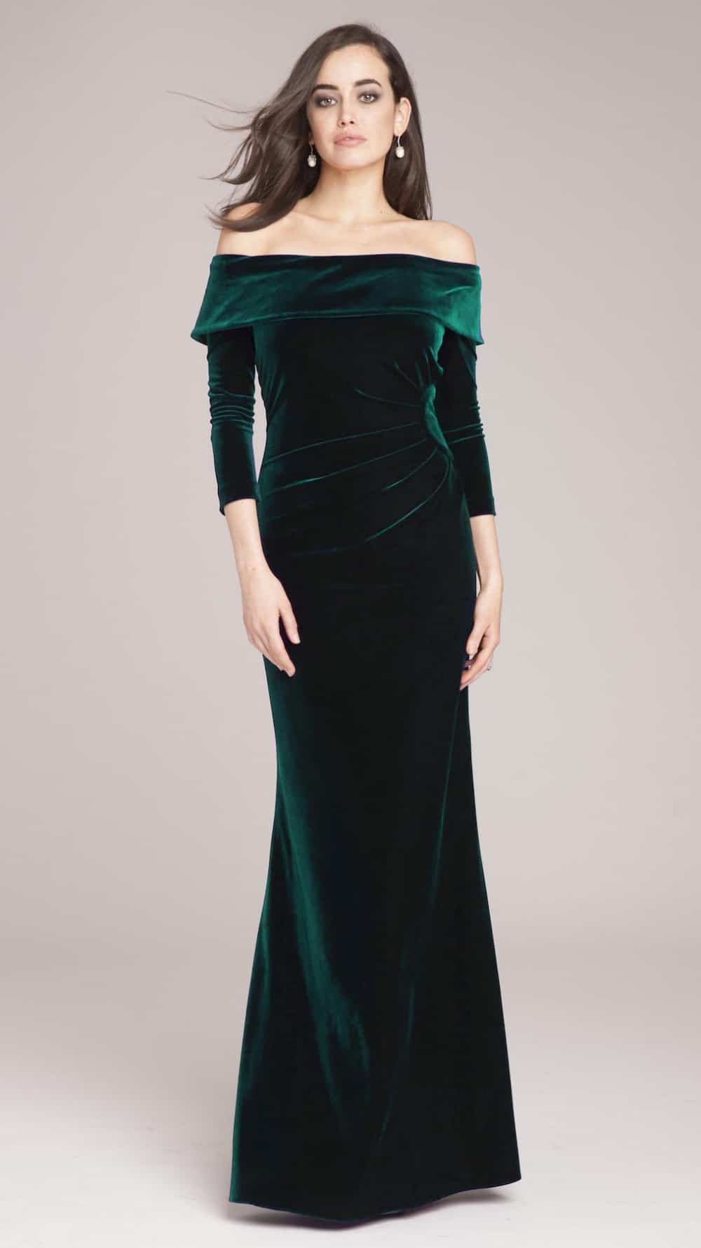 Buy > green velvet off shoulder dress > in stock