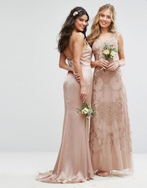 Mismatched Neutral Blush and Embellished Gold Bridesmaid Dresses 