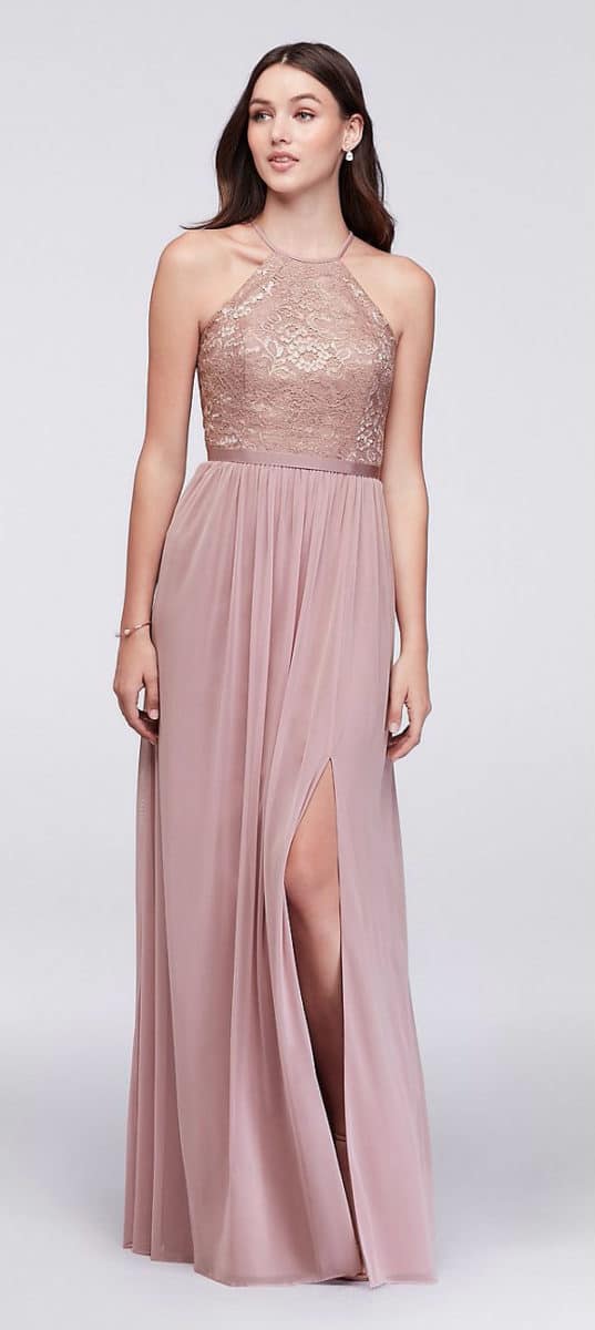 Bridesmaid in Rose Gold dresses with lace top