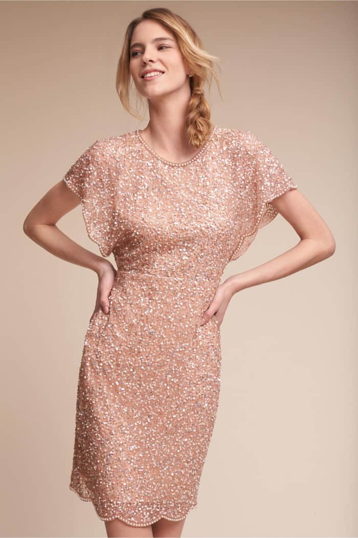 short rose gold sequin dress for bridesmaid or wedding