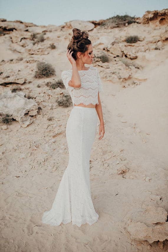 Two piece lace crop top for a beach bride