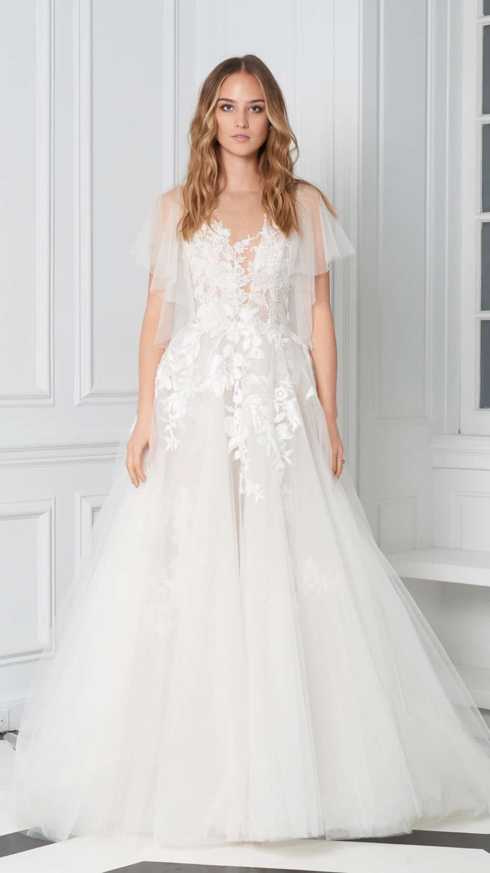 Flutter sleeve sheer wedding dress by Bliss Monique Lhuillier