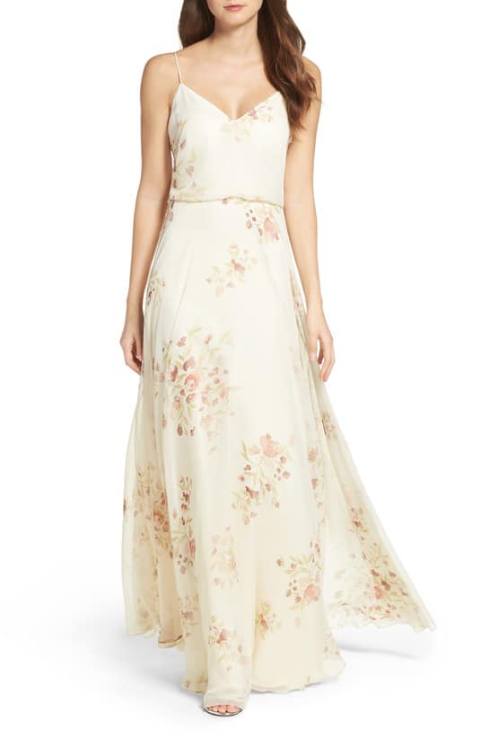 cream colored floral bridesmaid dress by Jenny Yoo